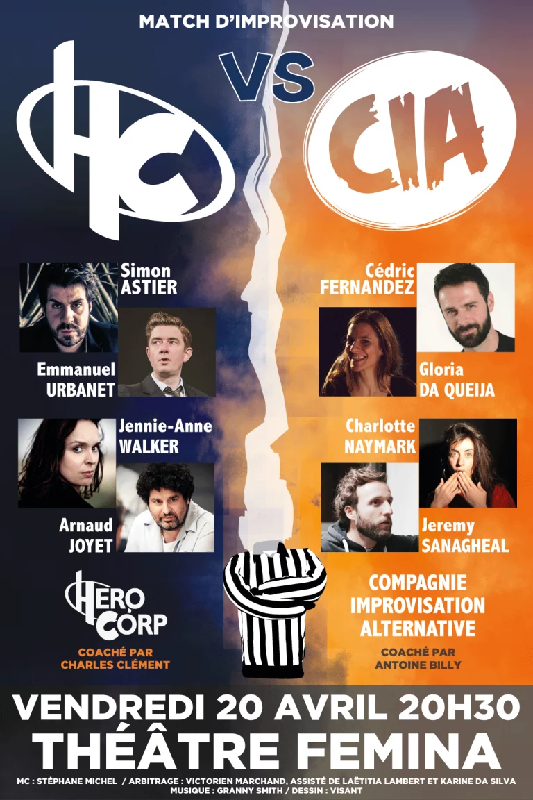 Affiche du Match d'Impro opposant la CIA à Héro Corp au Théâtre Femina (Bordeaux)